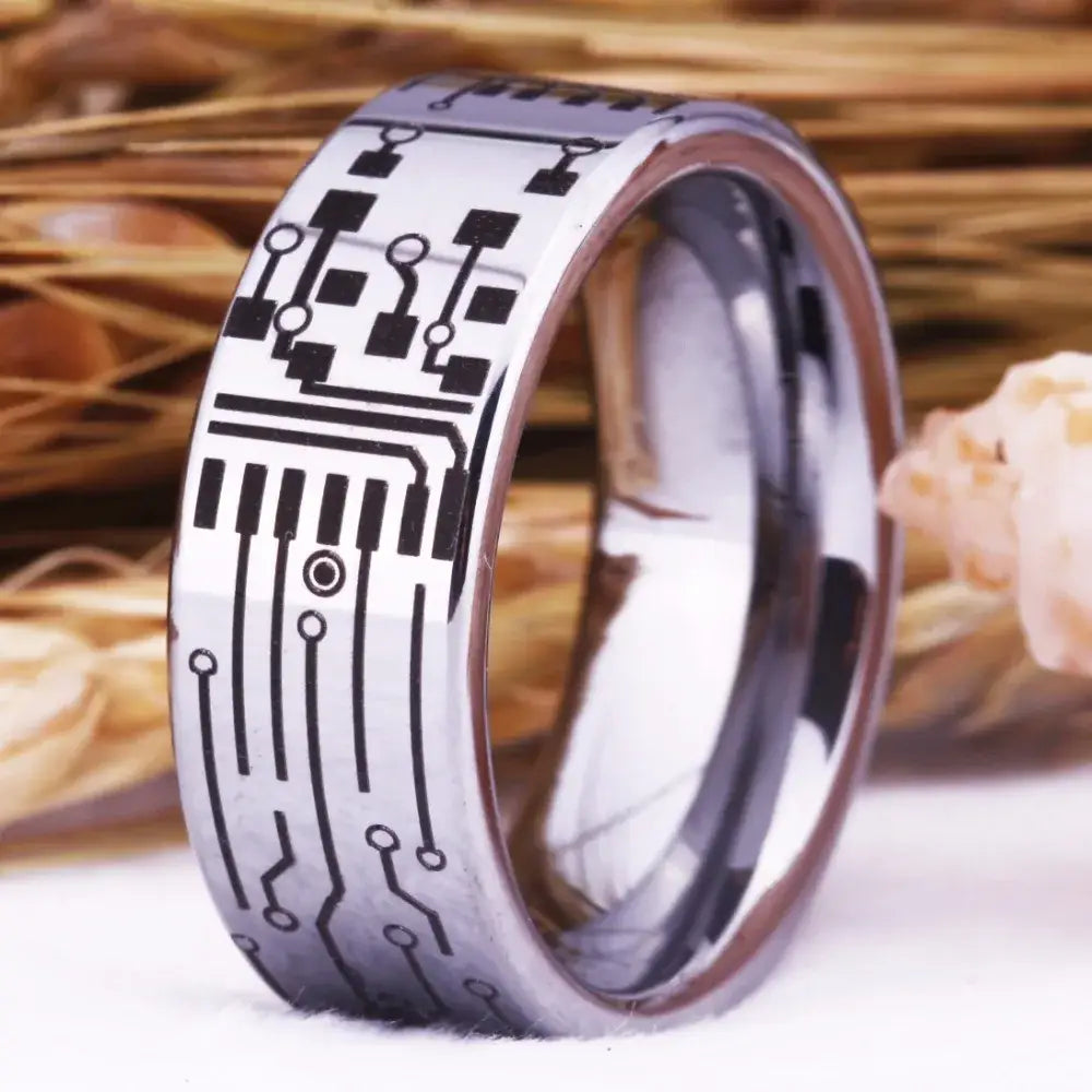 Circuit Board Tungsten Ring with Power Button - Rings-Tungsten 16