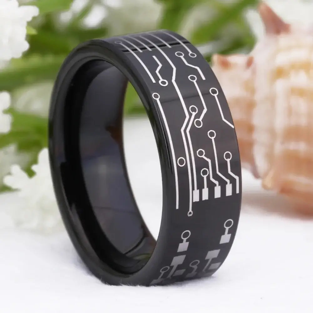 Circuit Board Tungsten Ring with Power Button - Rings-Tungsten 16