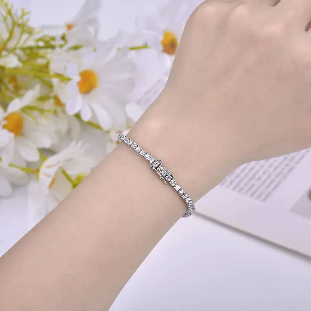 Sparkling lab grown diamond tennis bracelet on wrist showcasing 925 Sterling Silver Elegance