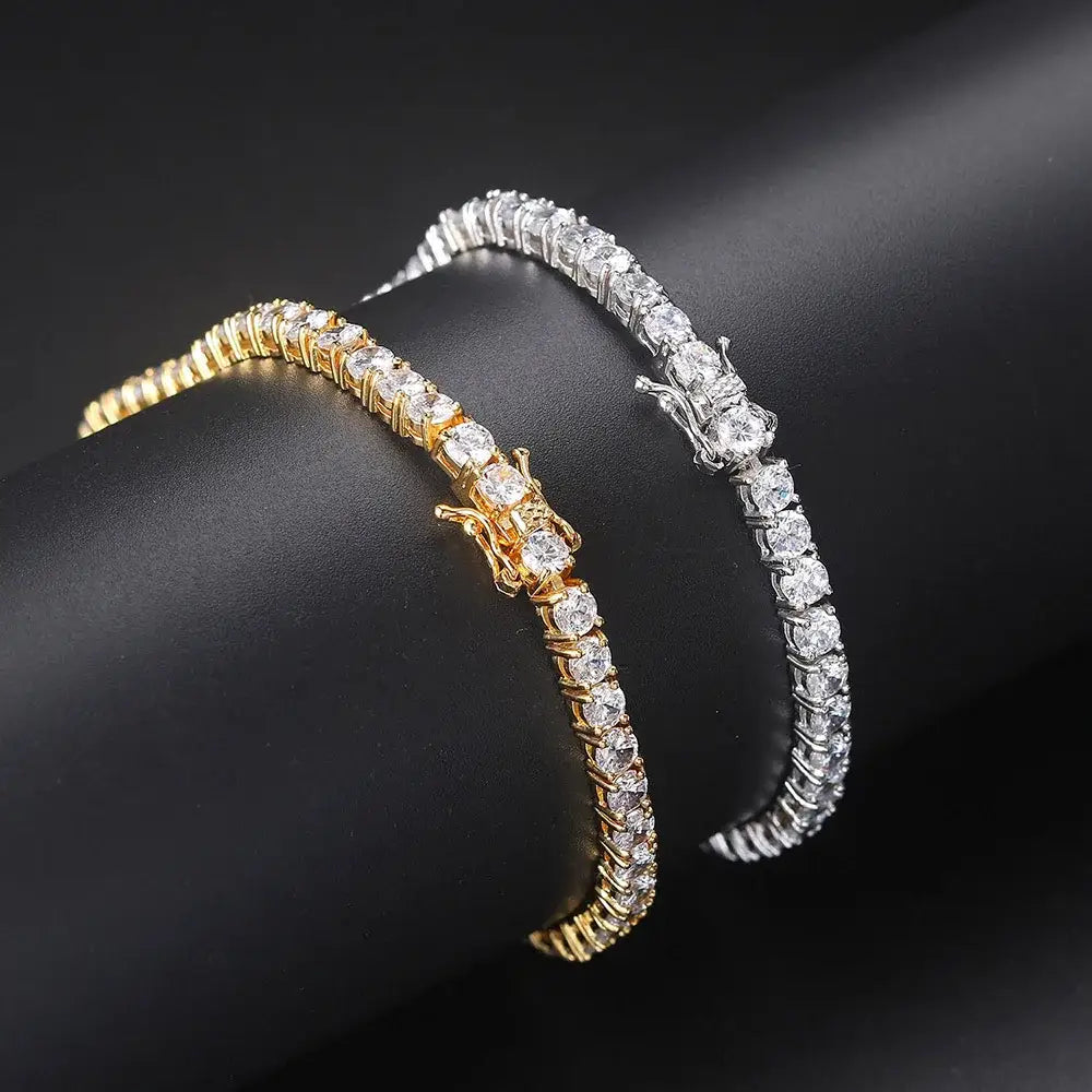 Two diamond tennis bracelets in gold and silver showcasing lab grown diamond elegance