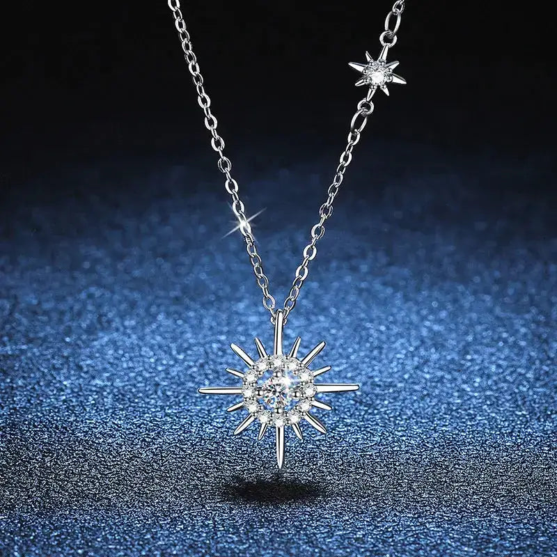 Delicate silver D Color Moissanite Diamond Pendant Necklace with starburst gemstone design