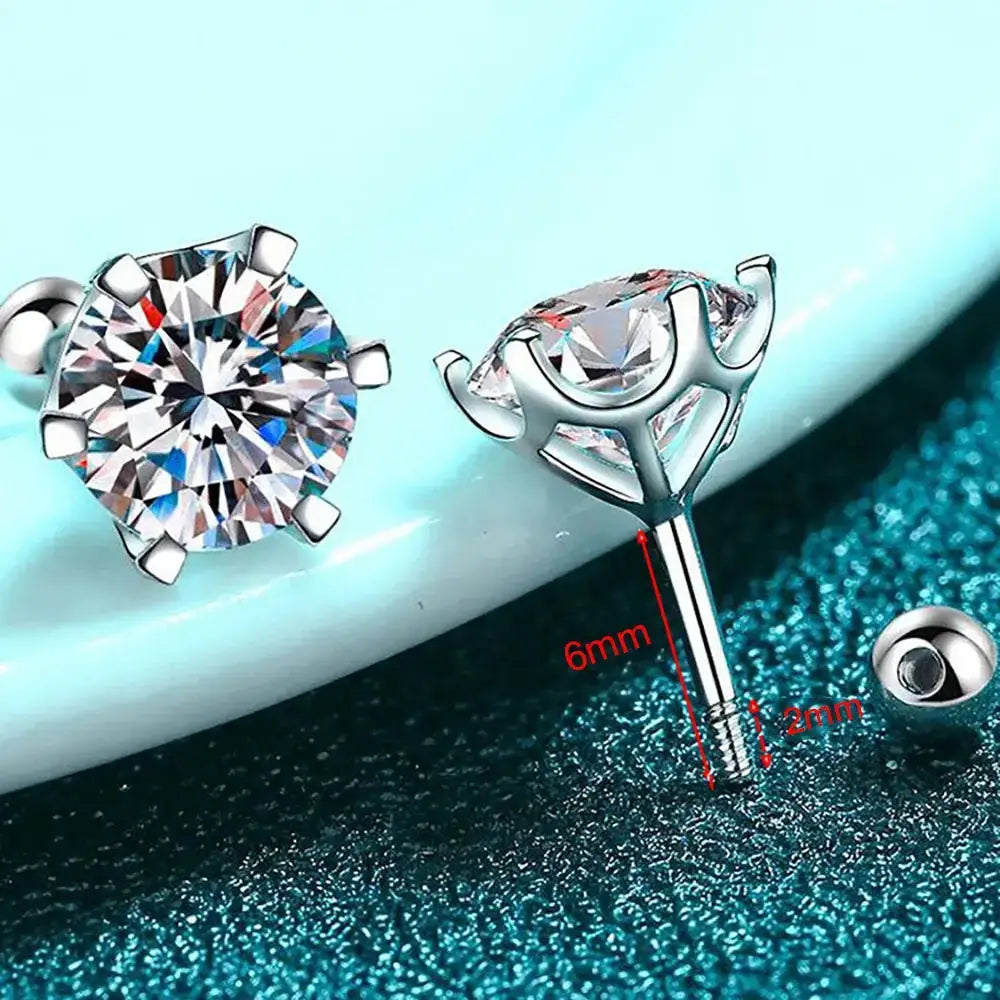 Diamond stud earrings in six-prong settings featuring D Color Moissanite and sparkling S925 silver