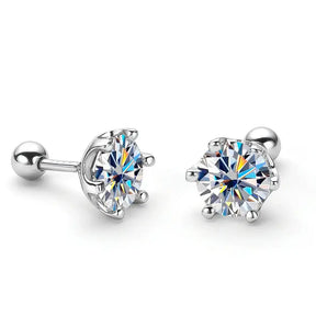 Pair of D Color Moissanite Screw Back Earrings in Sparkling S925 Silver with six-prong settings