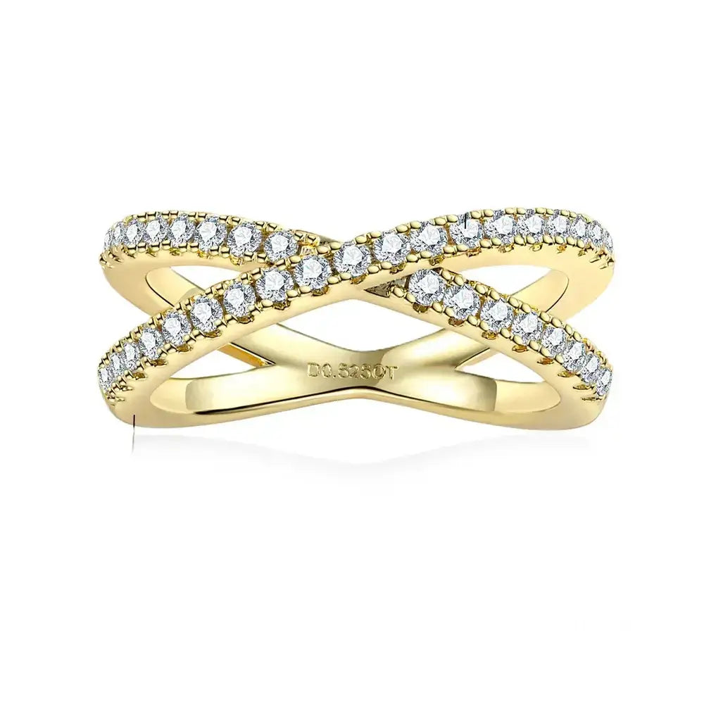 Gold criss-cross ring with diamonds from D Color Moissanite Wedding Bands gold plated elegance