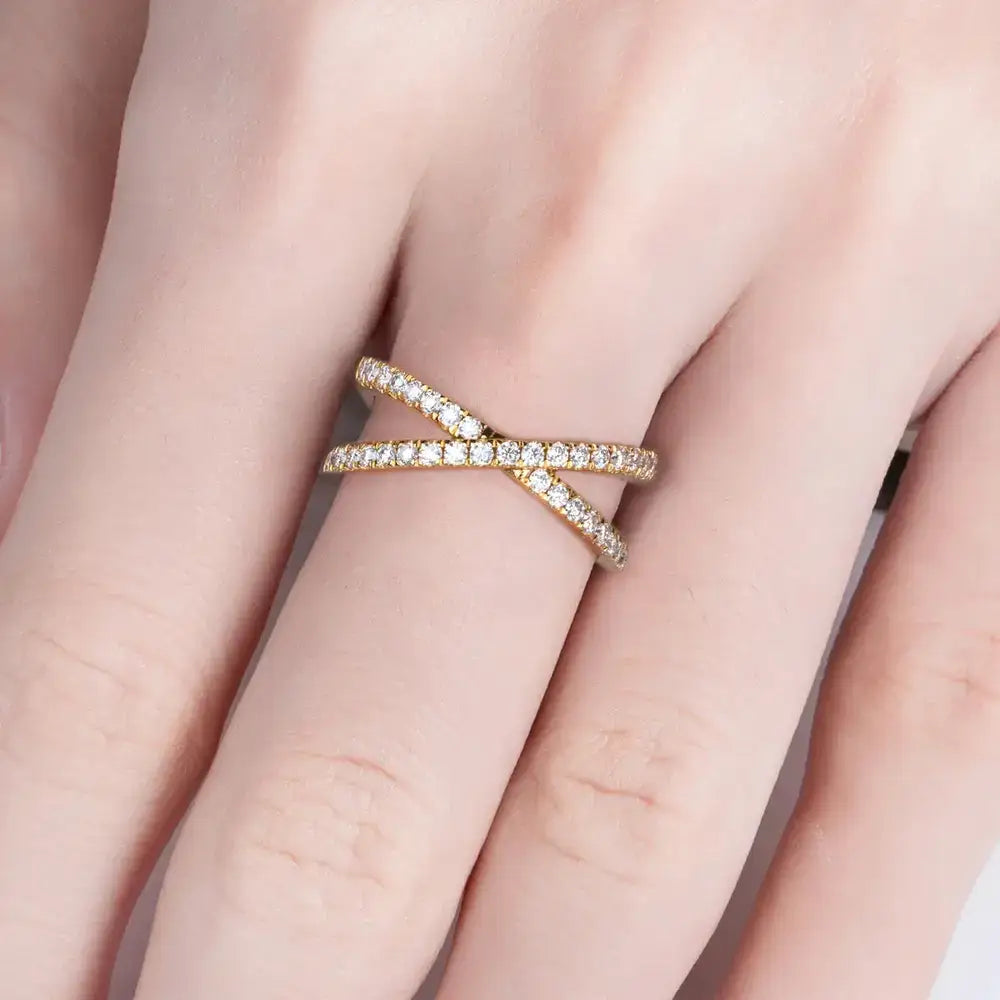 Gold criss-cross ring with diamonds from D Color Moissanite Wedding Bands collection