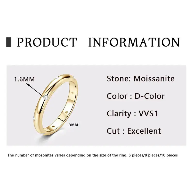 Gold Dome Setting Moissanite Ring with specifications, showcasing elegant design