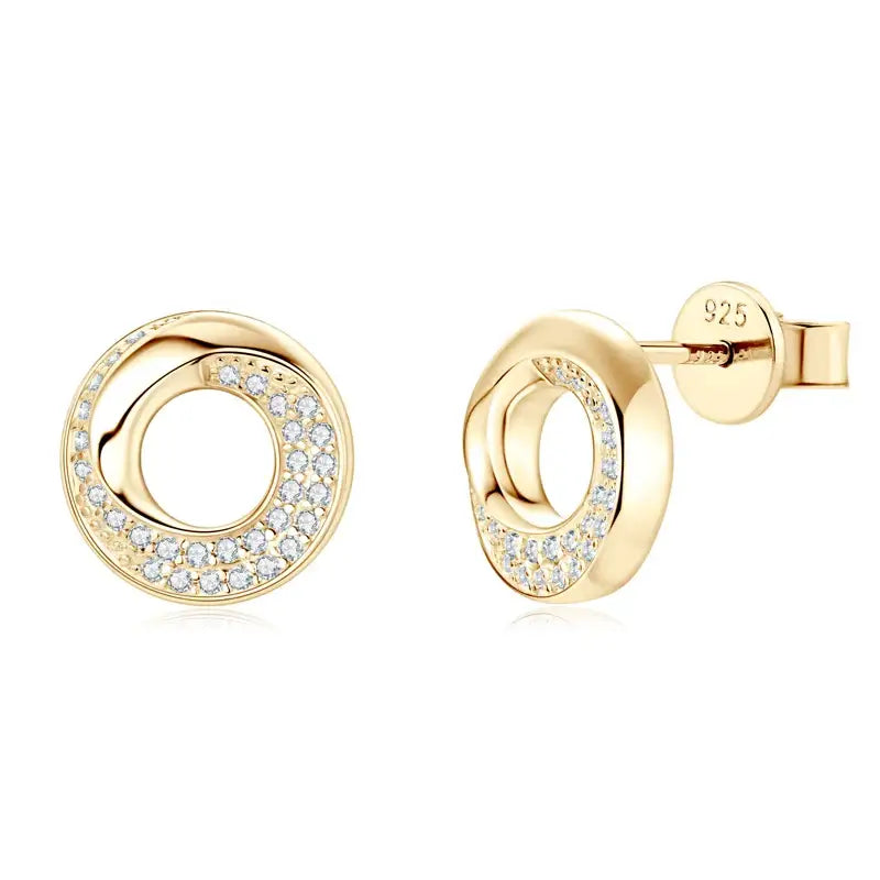 Gold-toned circular stud earrings with diamond accents in Silver Perfection design