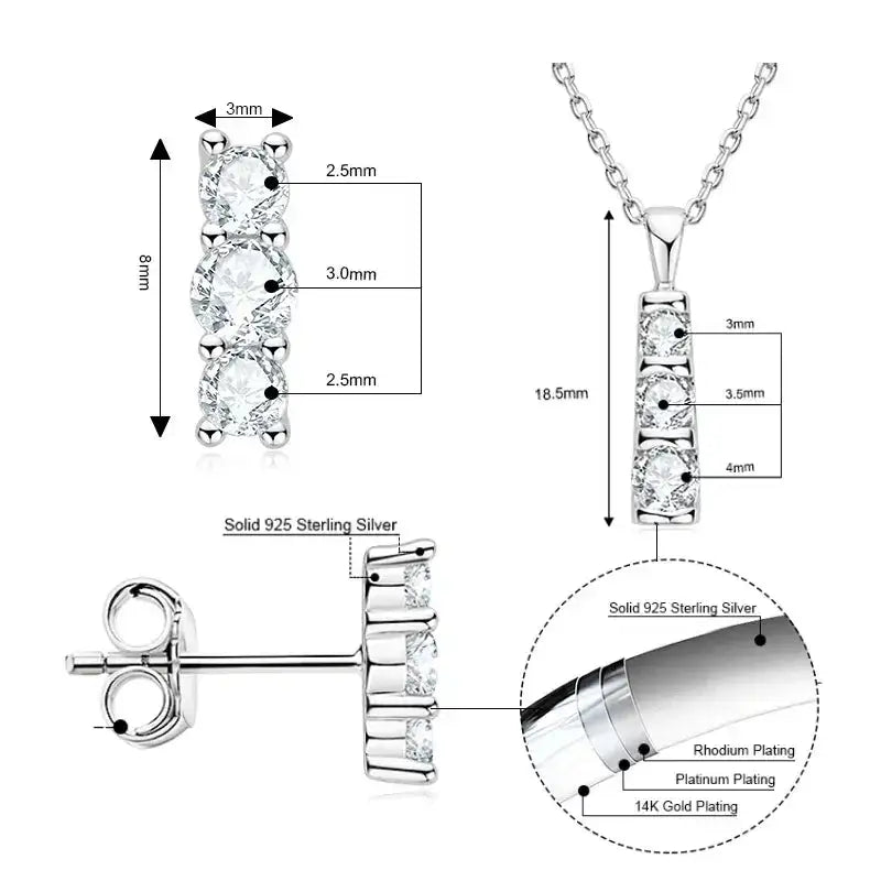 Sterling silver jewelry set with Moissanite stones, featuring pendant necklace and stud earrings