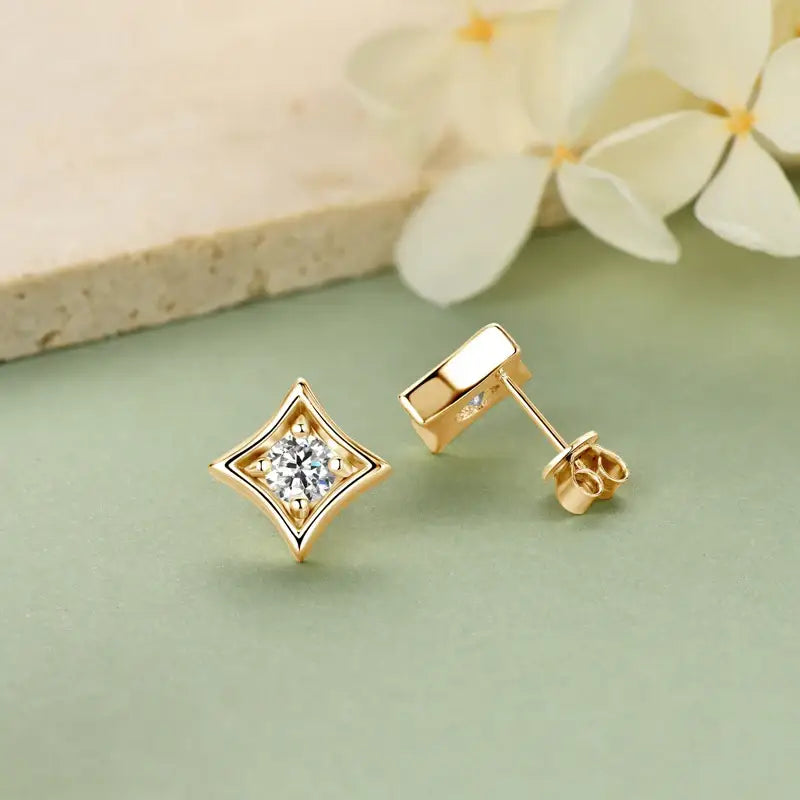 Elegant 18K Gold Plated Moissanite Jewelry Set featuring gold stud earrings with clear gemstones