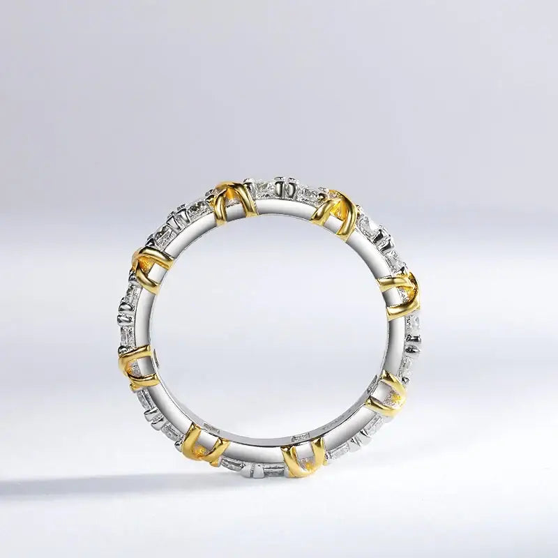 Circular ring with silver and gold elements in Elegant Moissanite Eternity Ring, S925 Silver