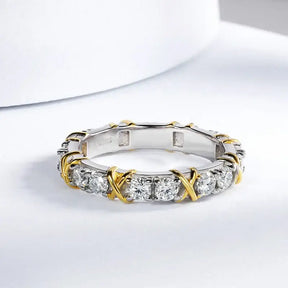 Diamond-studded Moissanite Ring in S925 Sterling Silver with gold and silver X accents