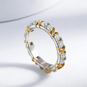 Two-tone Moissanite ring with diamonds and gold accents on S925 sterling silver band