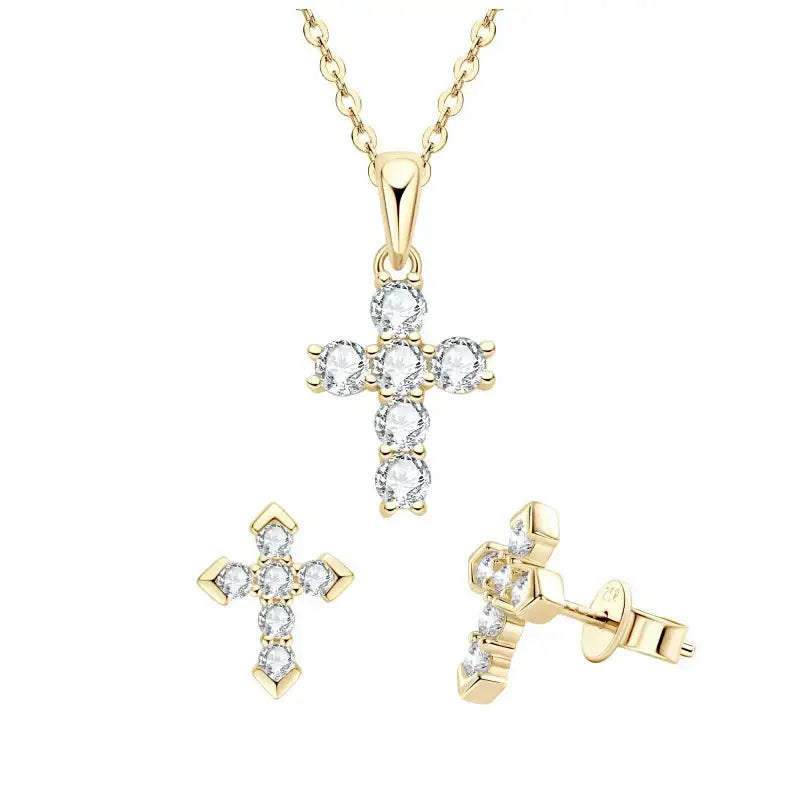 Gold jewelry set featuring a Moissanite cross necklace and stud earrings with gemstones