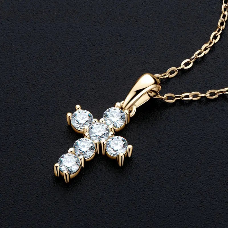 Gold cross pendant necklace with diamond-like stones in 925 Silver Moissanite jewelry set