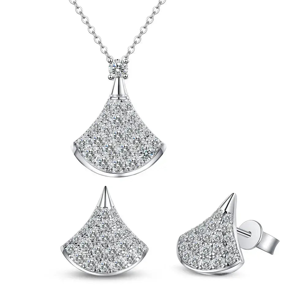 Elegant Fan-Shaped Moissanite Diamond Jewelry Set in S925 Sterling Silver with Pendant and Earrings