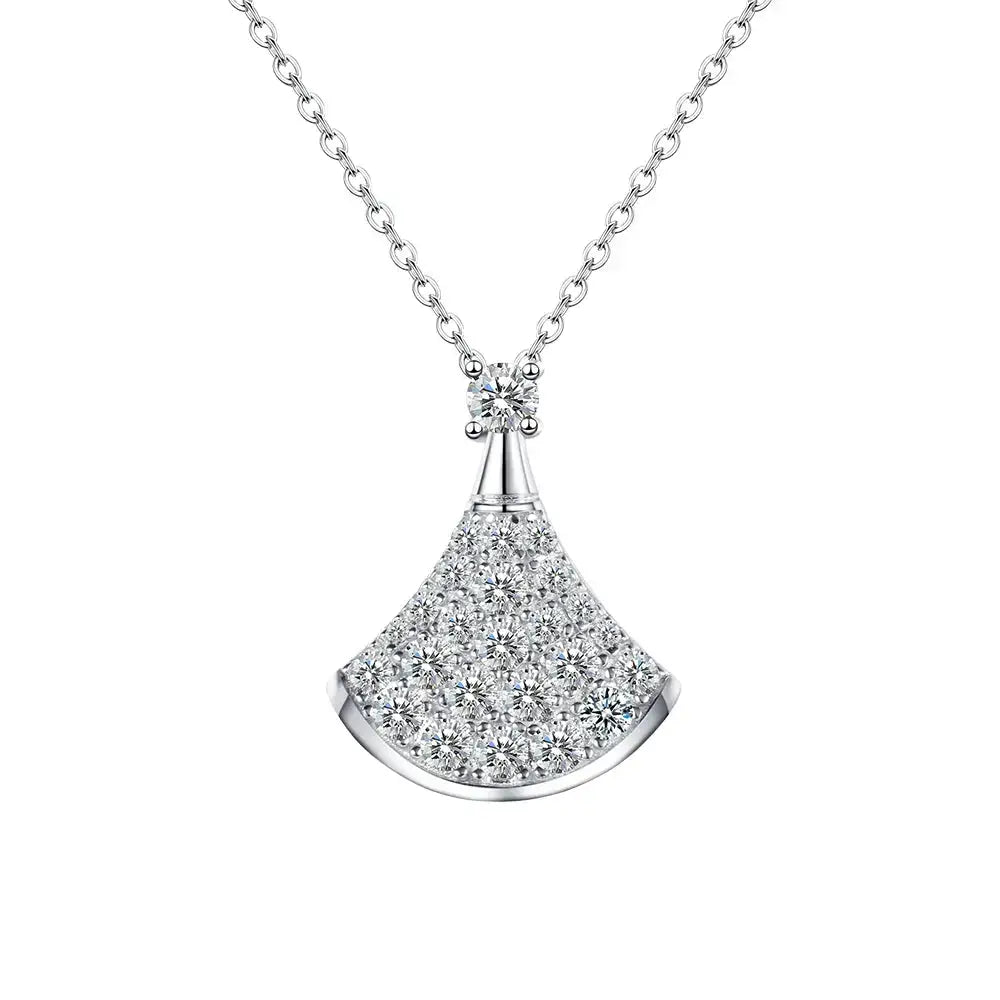 Fan-shaped Moissanite diamond pendant necklace on sterling silver chain in jewelry set