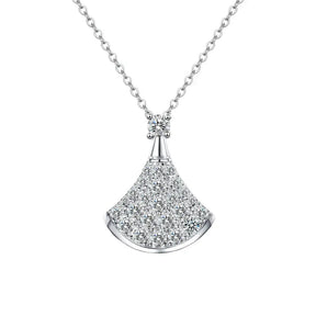 Fan-shaped Moissanite diamond pendant necklace on sterling silver chain in jewelry set