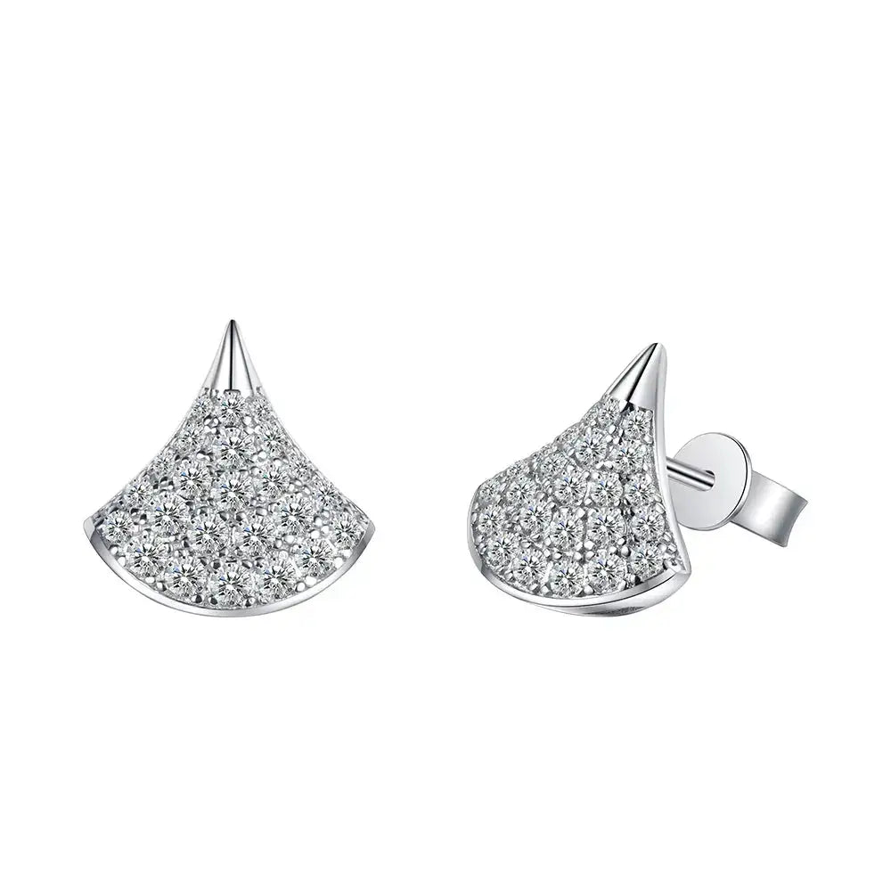 Fan-shaped diamond stud earrings in S925 sterling silver from a moissanite diamond jewelry set