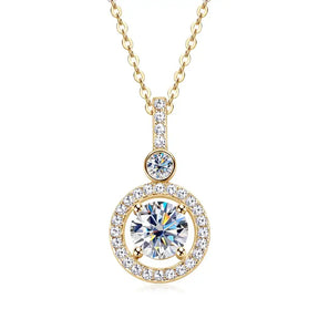 Gold pendant necklace with round lab grown diamond and smaller diamonds in silver