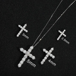 Silver Moissanite Cross Necklace featuring a diamond-encrusted cross pendant and charms