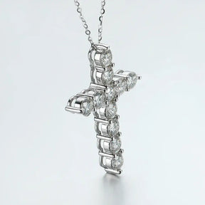 Silver Moissanite Cross Necklace with Clear Gemstones on Sterling Silver Chain