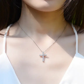 Silver Cross Pendant Necklace adorned with gemstones and a Sterling Silver Chain