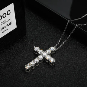 Diamond-studded cross pendant on sterling silver chain in Full Moissanite Cross Necklace