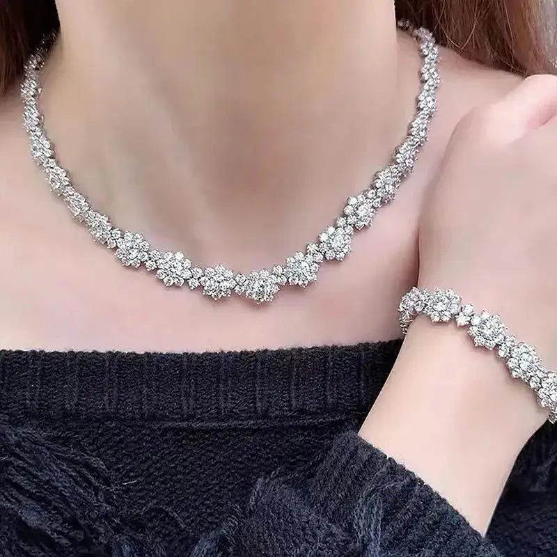 Sparkling diamond necklace and bracelet from the Moissanite Jewelry Set in Sterling Silver Sunflower Design