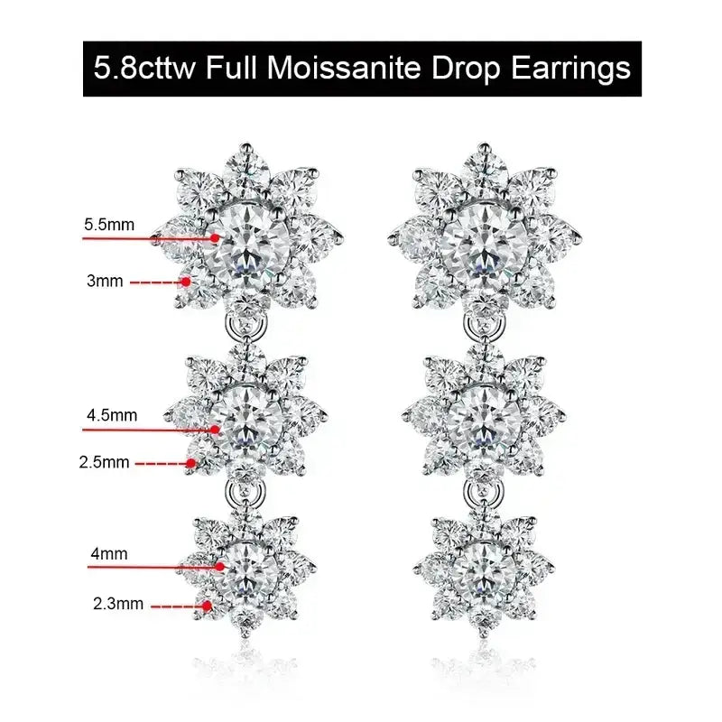 Sparkling Moissanite drop earrings in Sterling Silver Sunflower Design, tiered clusters