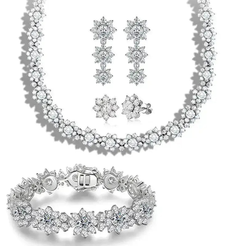 Elegant moissanite jewelry set in sterling silver sunflower design, including necklace and earrings