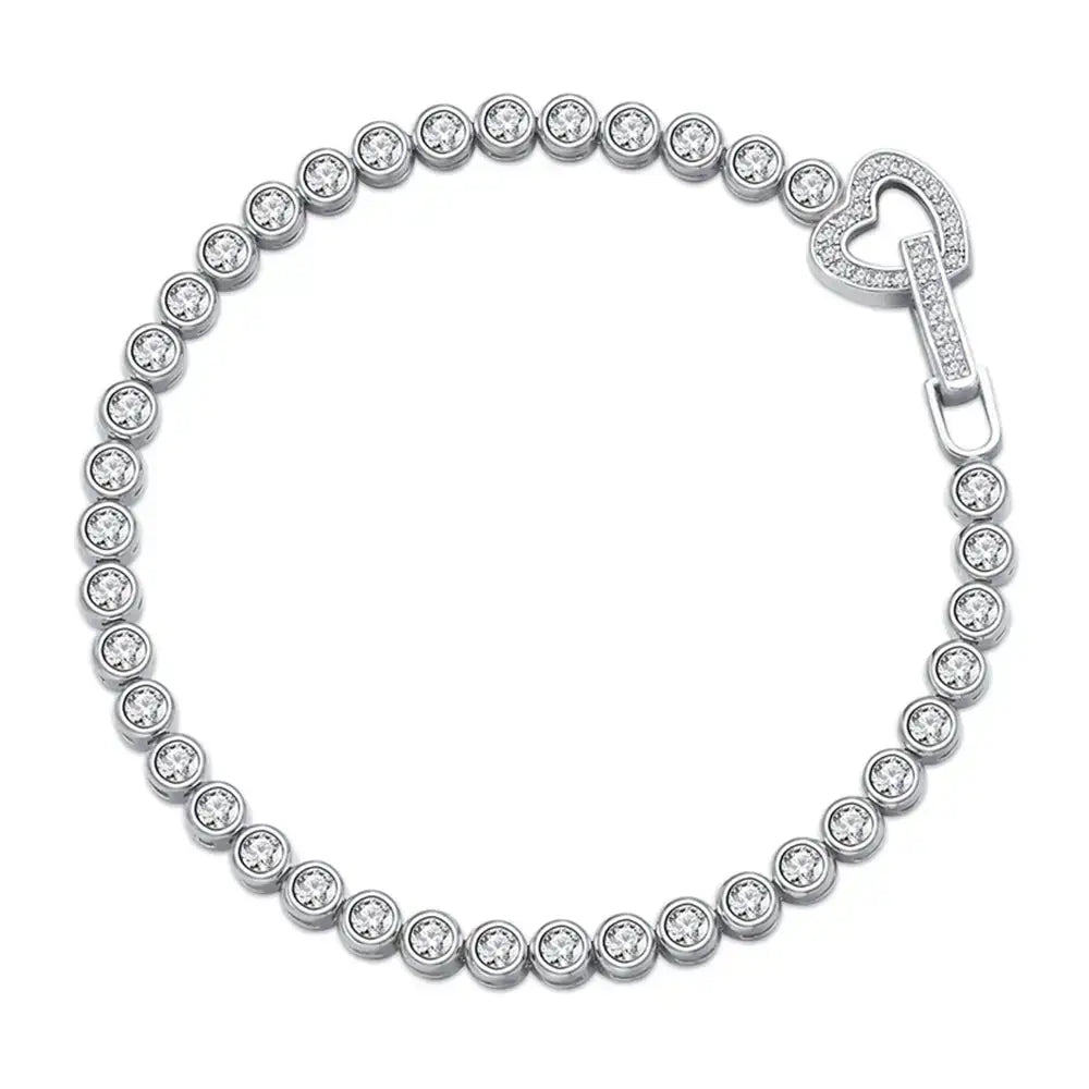 Elegant sterling silver bracelet featuring moissanite diamonds and a heart-shaped clasp