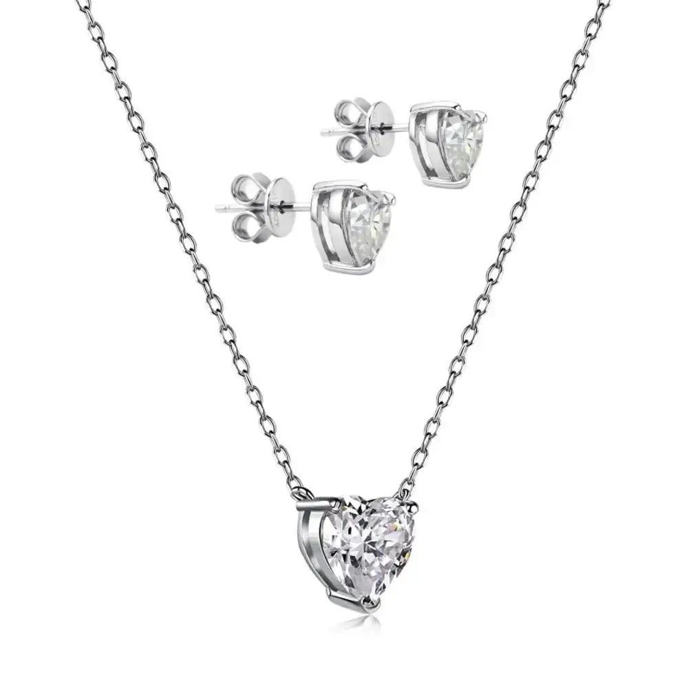 Heart Moissanite Jewelry set featuring a pendant necklace and stud earrings in sterling silver