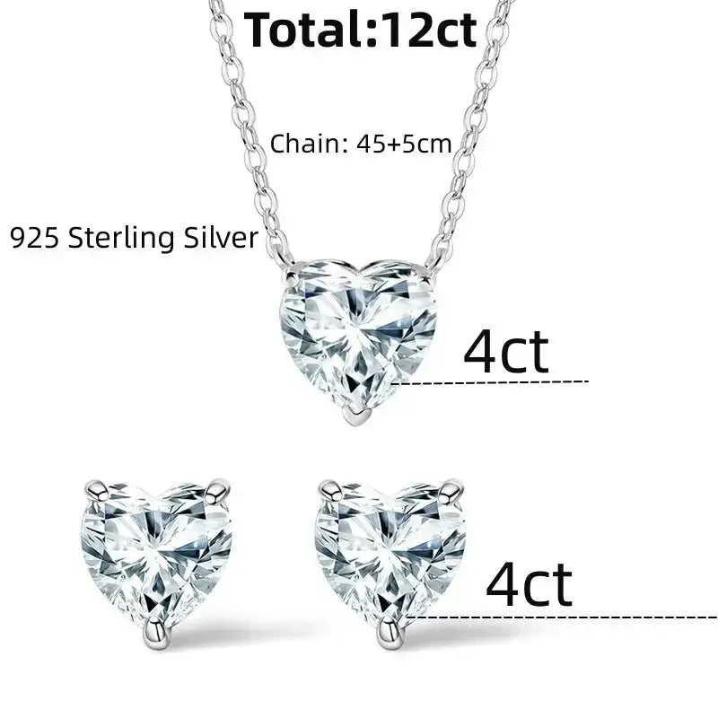 Heart Moissanite Jewelry Set with Sterling Silver Pendant Necklace and Stud Earrings