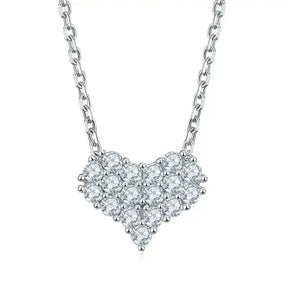 Heart-shaped diamond pendant necklace with elegant Moissanite diamonds on silver chain