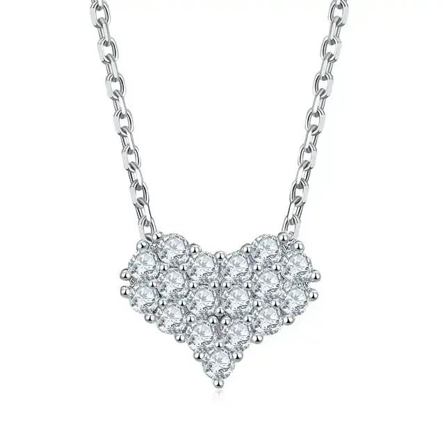 Heart-shaped diamond pendant necklace with elegant Moissanite diamonds on silver chain