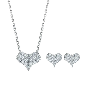 Heart-shaped diamond pendant necklace and stud earrings in elegant Moissanite diamonds set