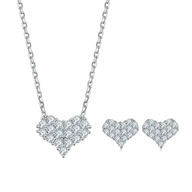 Heart-shaped diamond pendant necklace and stud earrings in elegant Moissanite diamonds set