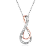 Infinity pendant lab grown diamond necklace in rose gold and silver tones with small diamonds