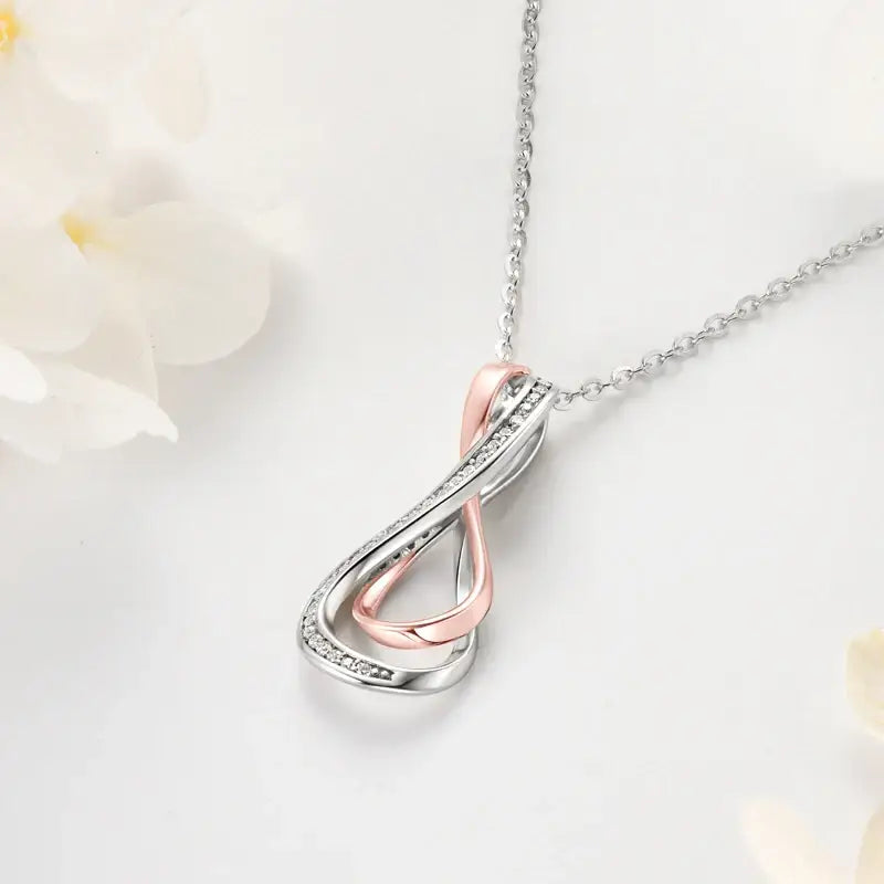 Delicate Infinity Pendant Lab Grown Diamond Necklace with silver and rose gold loops