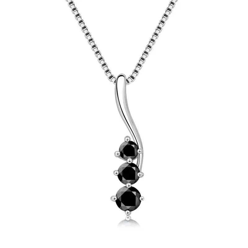 Silver curve pendant necklace with three black gemstones and lab grown diamond accents