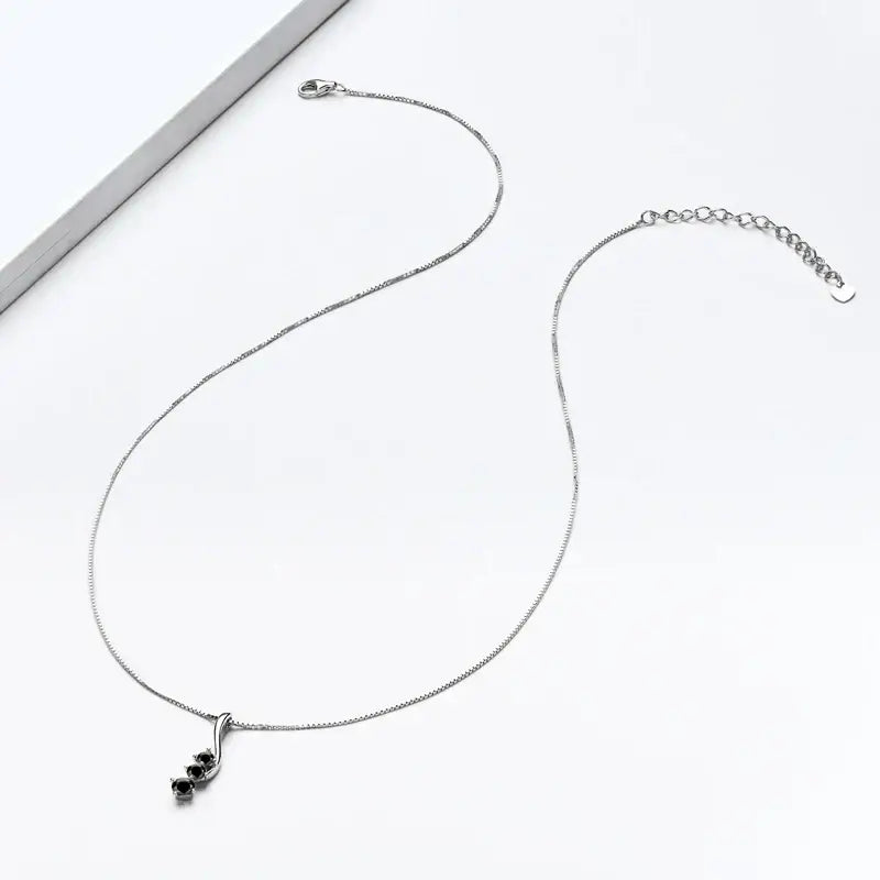 Delicate 925 Silver Lab Grown Diamond Curve Pendant Necklace with Black Gemstone