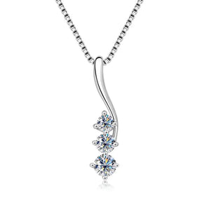 Silver curve pendant necklace with three graduated lab grown diamond stones in elegant setting