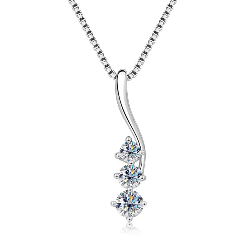 Silver curve pendant necklace with three graduated lab grown diamond stones in elegant setting