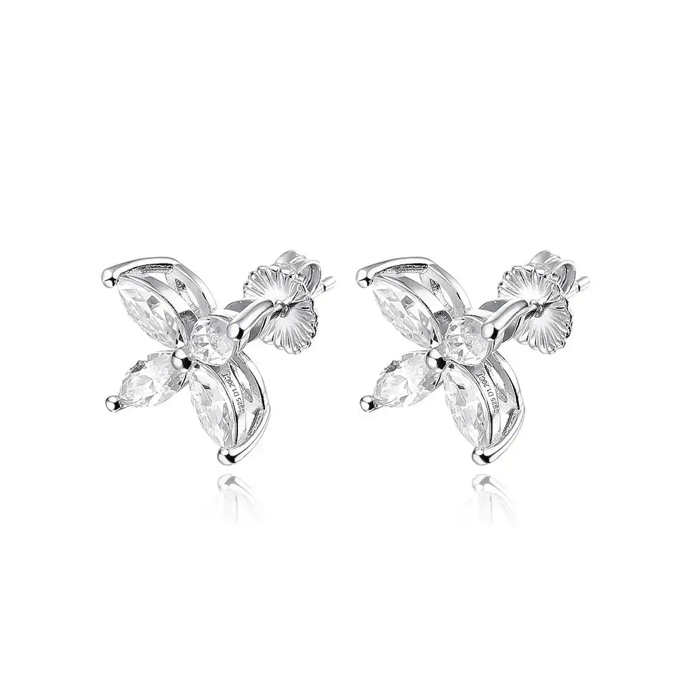 Silver floral stud earrings with crystal-like petals for the Lab Grown Diamond Butterfly Necklace