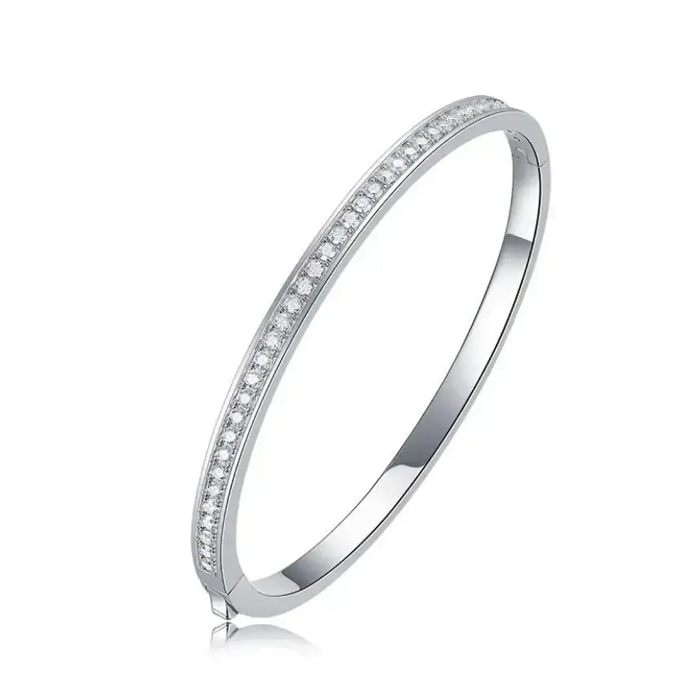 Elegant sterling silver Moissanite bangles with small diamonds along the edge