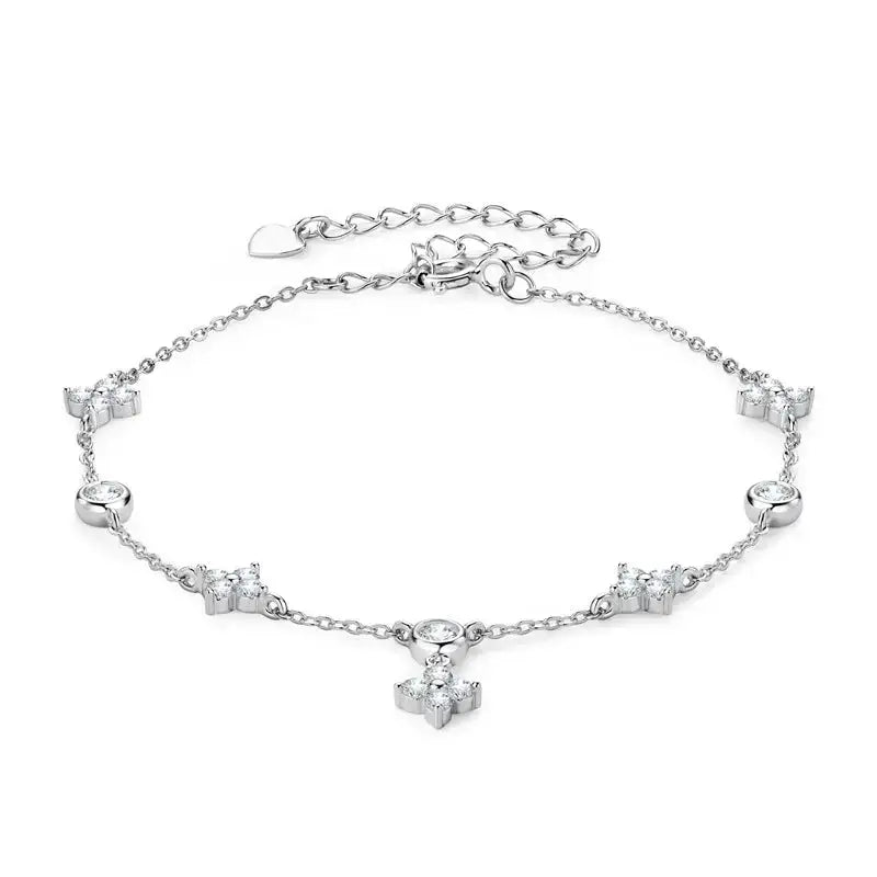 Delicate Sterling Silver Four-Leaf Flower Design Anklet with Moissanite Diamond Charms