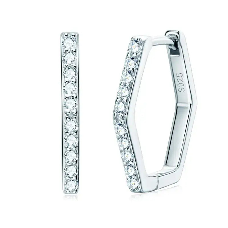 Moissanite Diamond Hexagonal Huggie Earrings in white gold or platinum showcasing elegance