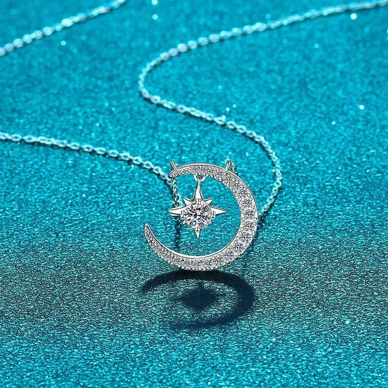 Crescent moon and star moissanite diamond pendant on elegant sterling silver chain