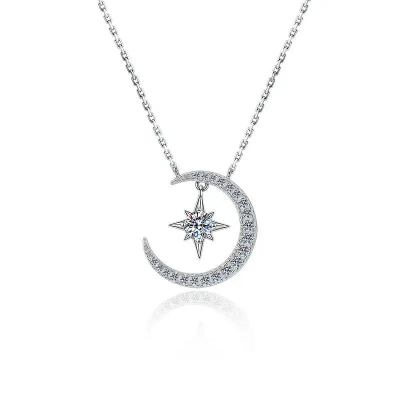 Crescent moon and star pendant necklace featuring Moissanite diamond on sterling silver chain