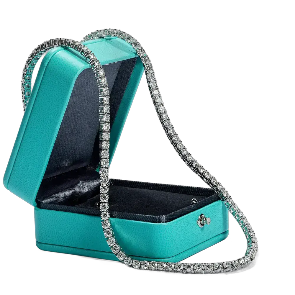 Teal jewelry box with diamond-encrusted chain for Moissanite Diamond Tennis Necklace